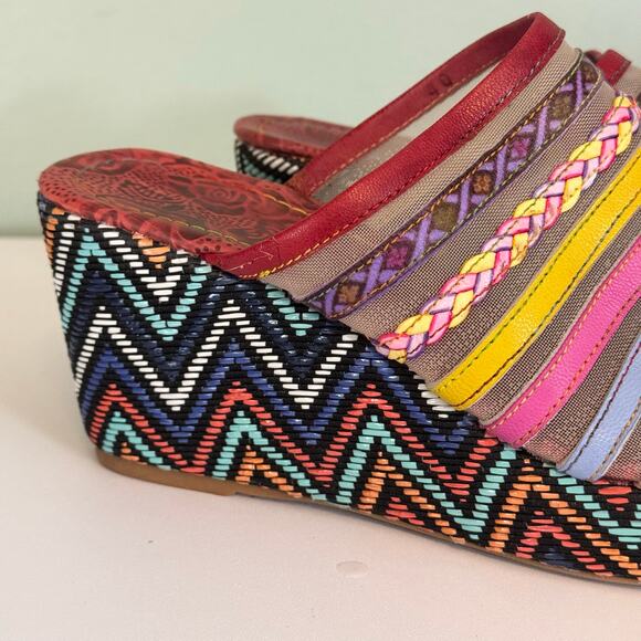 Mules Wedge Sandals 8 Colorful Mesh Leather Open Toe Slip On Retro Festival Boho - Picture 2 of 12